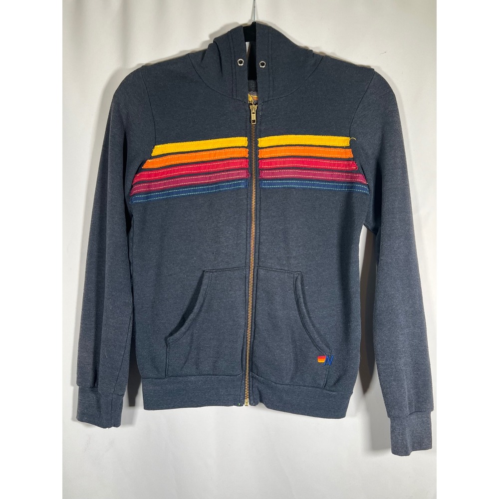Aviator Nation Kids 5 Stripe Zip Up Hoodie Charcoal Grey Rainbow Size 12 USA